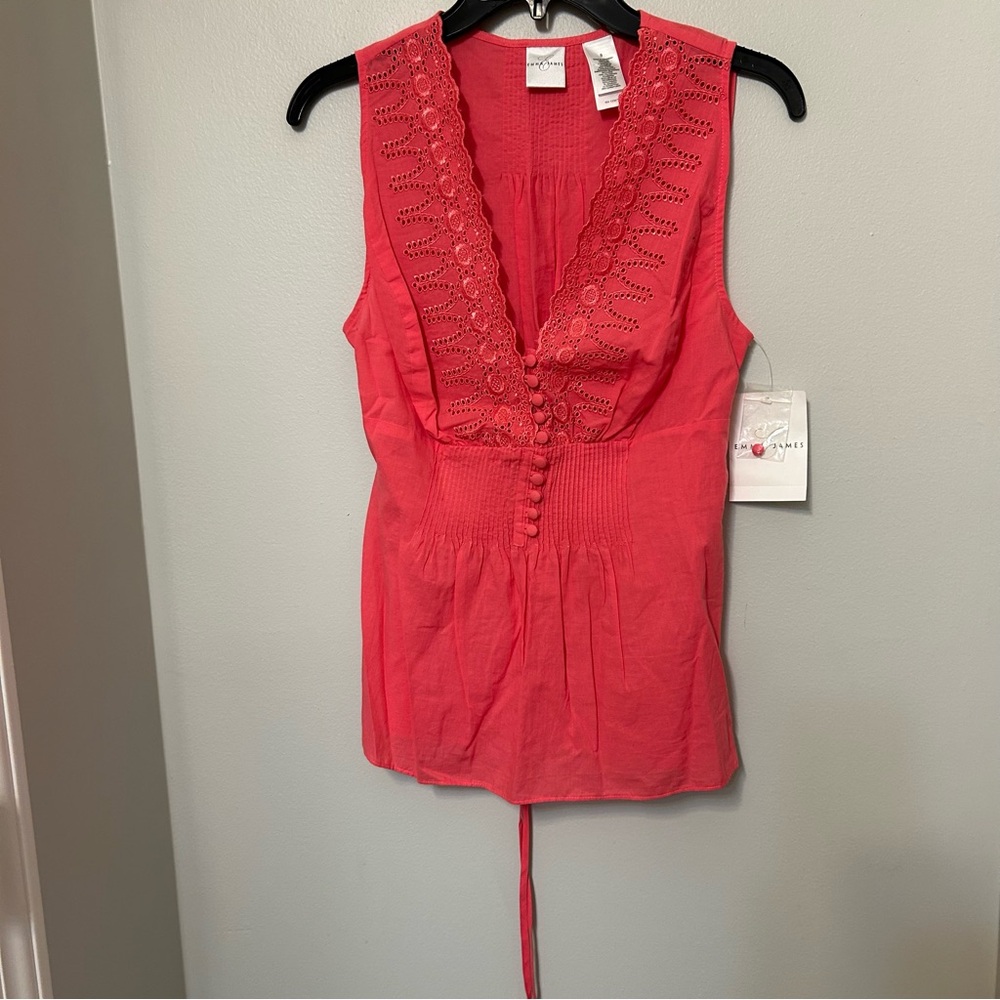 Emma James Pink Coral Sleeveless Top Eyelet V-Neck NWT Casual Career Tie Back 8
